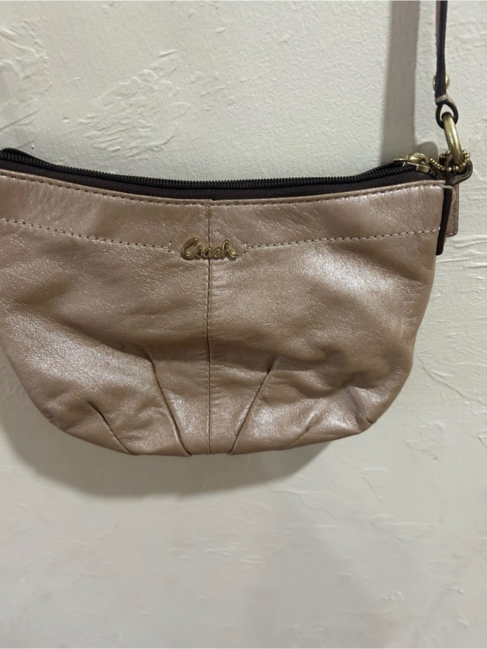 Coach Metallic Taupe Leather Wristlet with Gold Hardware
